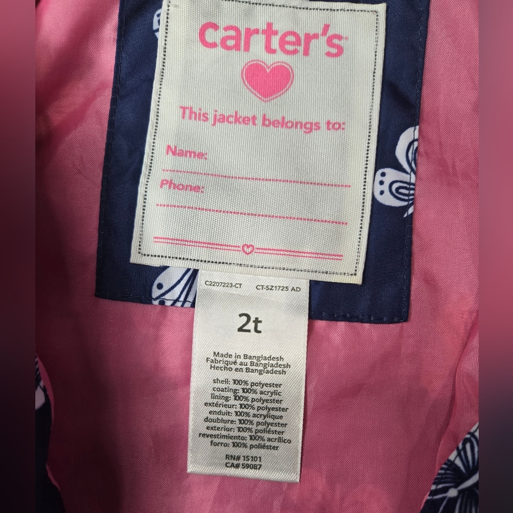 Carters Girls Butterfly Raincoat Windbreaker Toddler Size 2T Fits like 3T - Picture 5 of 5